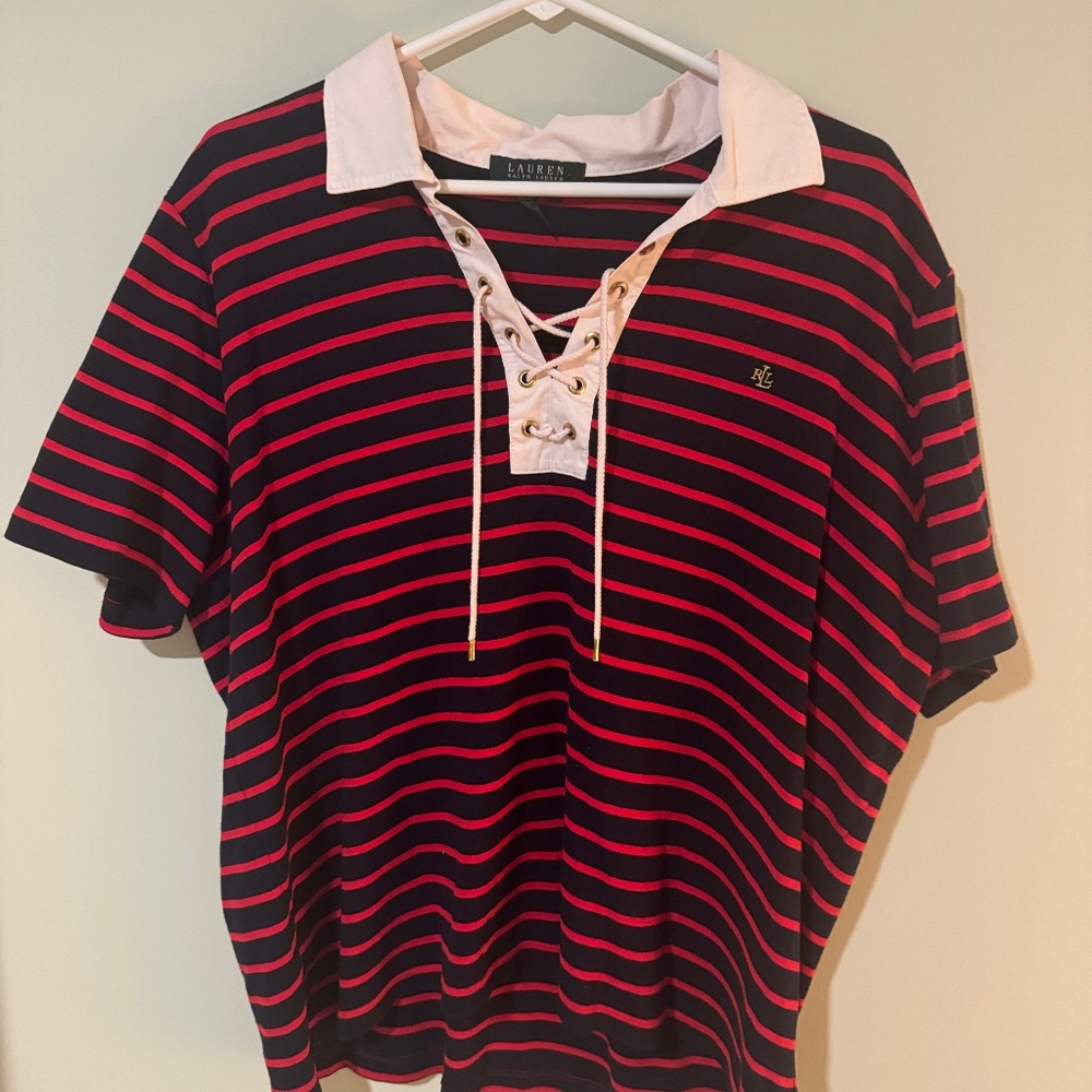 Vintage 90s Ralph Lauren striped collar preppy navy red women’s T-shirt 3x
